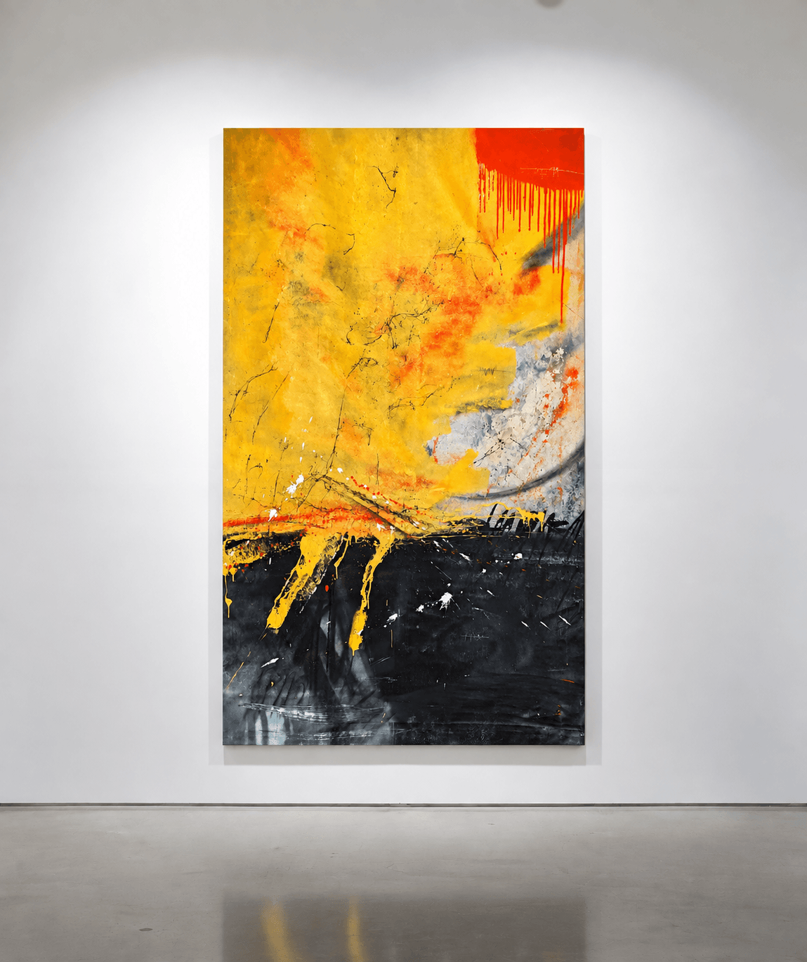 CONVERSATION WITH THE WALL by Sébastien Cheramy — mixed media on canvas, 185 x 125 cm — solar yellow colliding with an abyssal black ground, an incandescent orange drip cutting through the upper corner, a monumental gestural surface