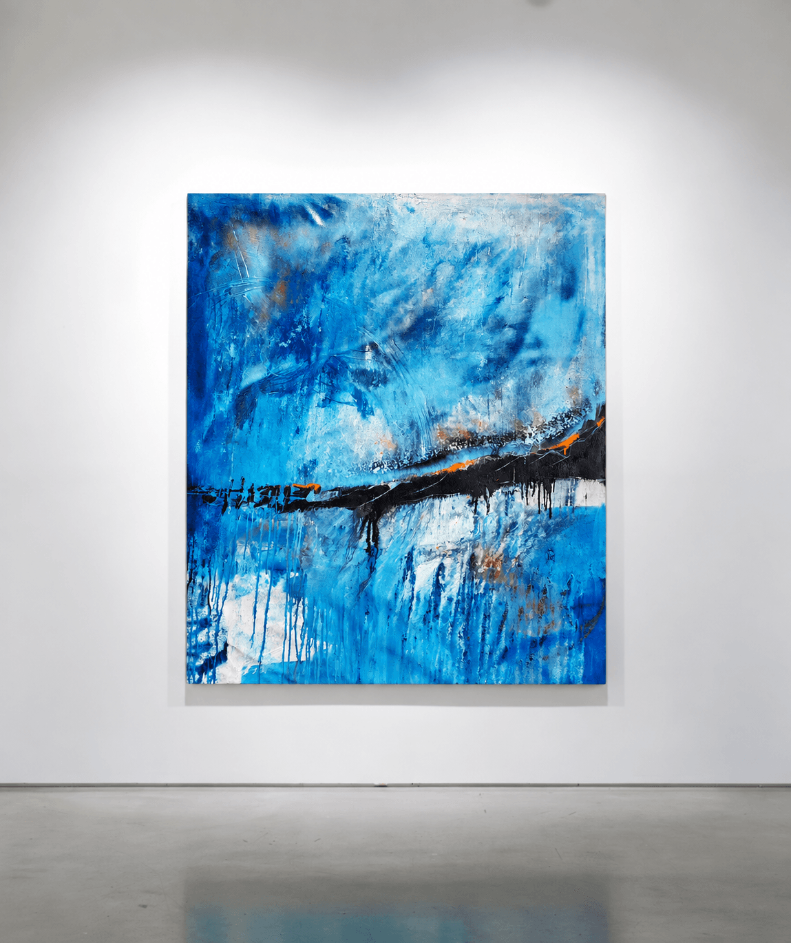 POESIA by Sébastien Cheramy — mixed media on canvas, 145 x 125 cm — black and orange drips cutting across bursts of electric blue and traces of pink, a weathered abstract surface inspired by Florentine palace walls and Renaissance poetry